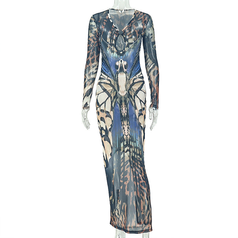 Color Matching Women Street Sheath One Step Dress V neck Long Sleeve Metal Ring Waist Dress