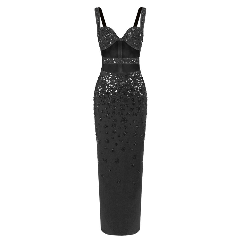 Women Clothing Handmade Embroidered Beads Sling Slim Sheath Dress Tight Bandage Dress Formal Dress