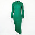 Autumn Winter Women Clothing Sexy Slit Slim Rib Button Long Sleeve Dress