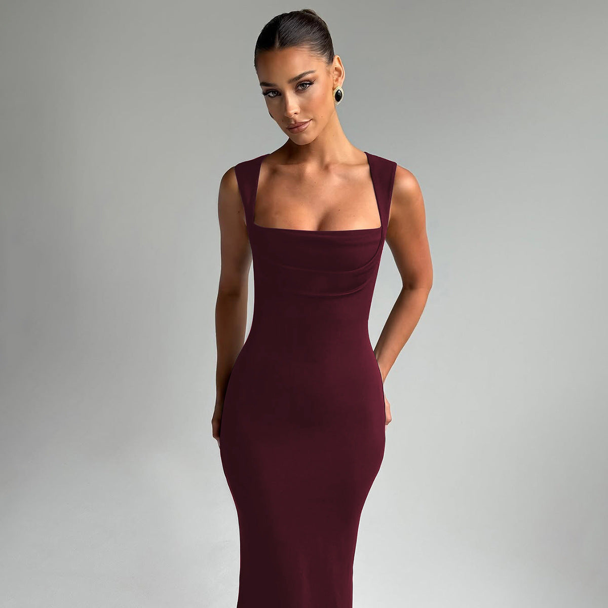 Women Clothing Spring Summer Slim Fit Square Collar Sleeveless Waist Slimming Dress