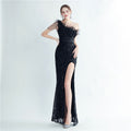 Heavy Industry Ostrich Hair Craft Beading Hair Oblique Shoulder Side Slit High End Evening Dress