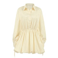Women Spring Long Sleeve Fitted Waist Turn down Collar Lace up Shirt Dress
