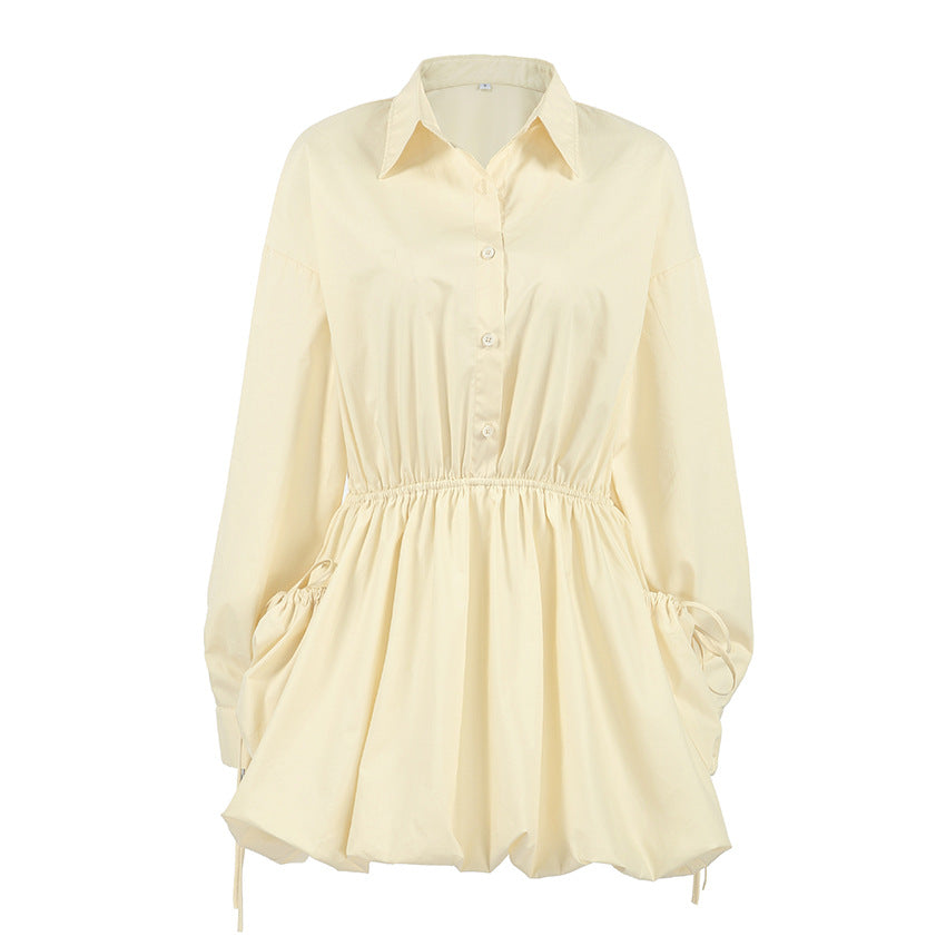 Women Spring Long Sleeve Fitted Waist Turn down Collar Lace up Shirt Dress