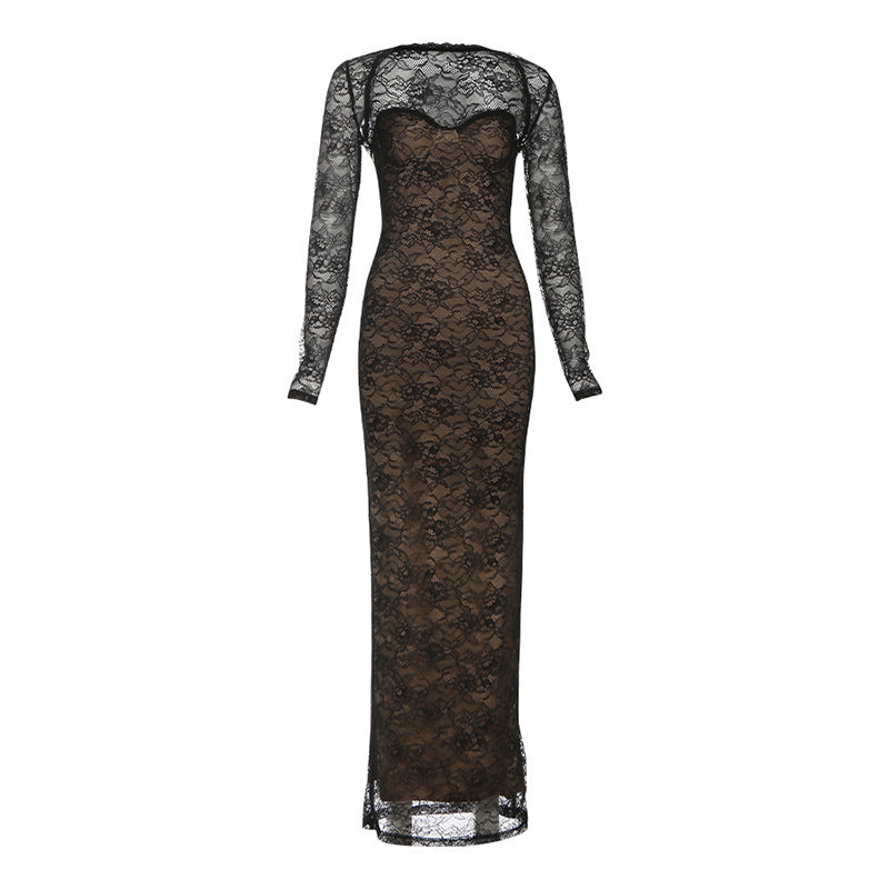 Autumn Winter Women Sexy Lace Slim V neck Tube Top Dress Cardigan Long Sleeve Set Women