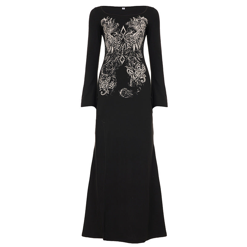 Arrival Dark Street Retro Printed Sexy Long Sleeved Dress Women Split Niche Dress