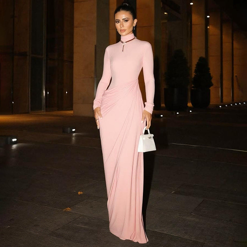 French Women Autumn Sexy Slim Fit Backless Button Solid Color Long Sleeve Dress