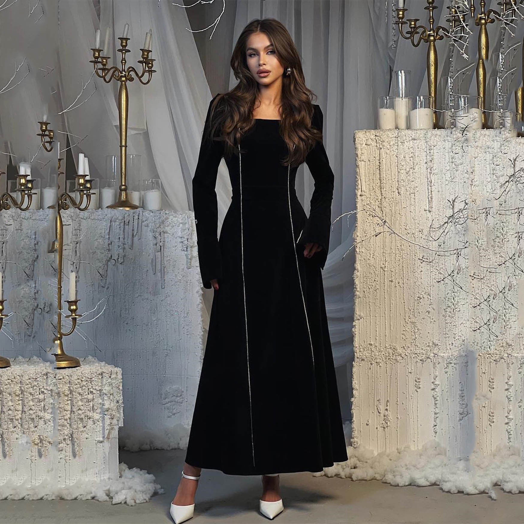 Autumn Winter Party Dress French Ladies Dress Korean Velvet Bell Sleeve Square Collar A line Dress Women