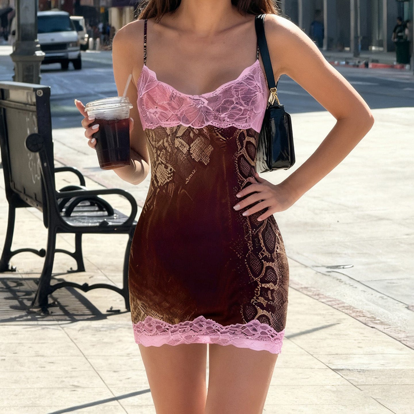 Sexy Personalized Snake Pattern Lace Contrast Color Splicing Sling Dress Sexy V neck Backless Hip Dress