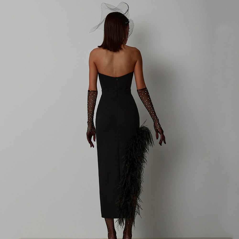 Sexy Split Tube Top Side Feather Bandage Slim Elastic Party Midi Dress Dress