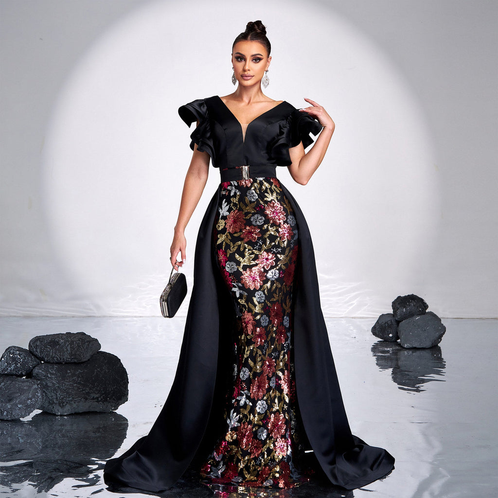 Women Clothing Advanced Sleeveless V neck Slim Fit Sheath Sequined Cocktail Fishtail Evening Dress Dress