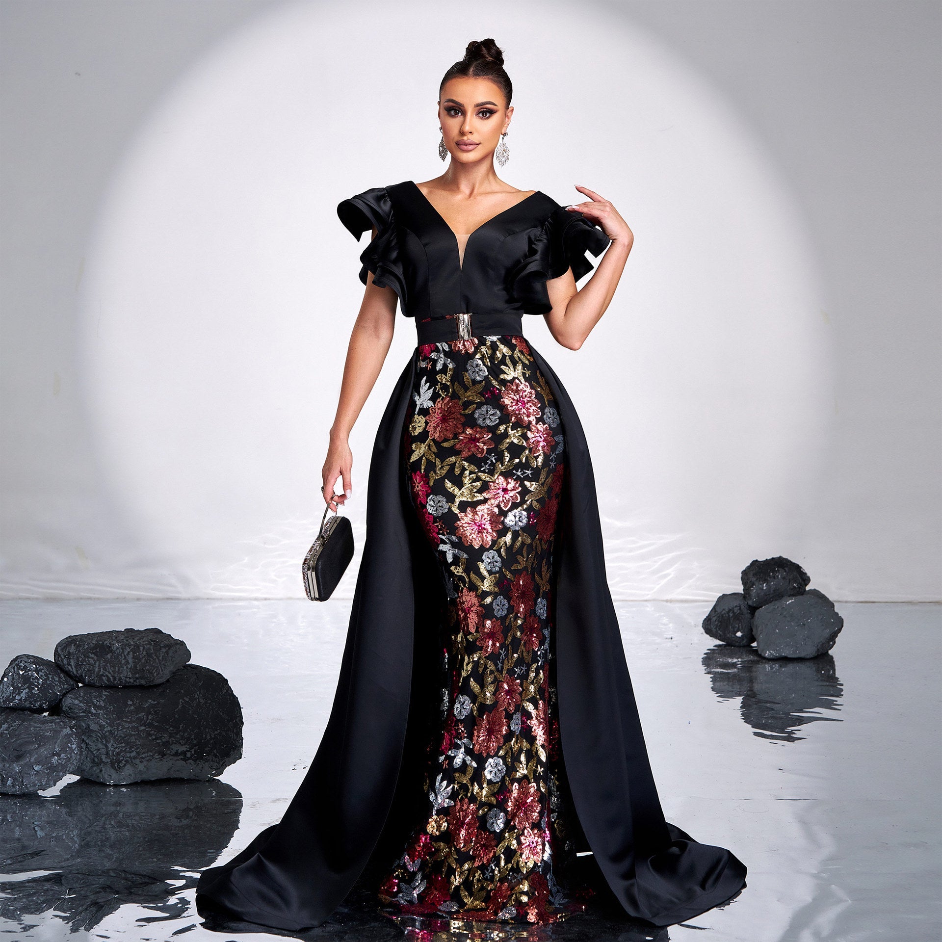 Women Clothing Advanced Sleeveless V neck Slim Fit Sheath Sequined Cocktail Fishtail Evening Dress Dress