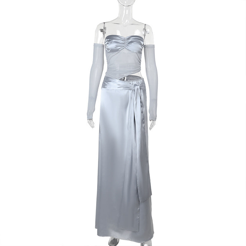 Winter Patchwork Maxi Dress Sexy Slim Tube Top Satin Dress