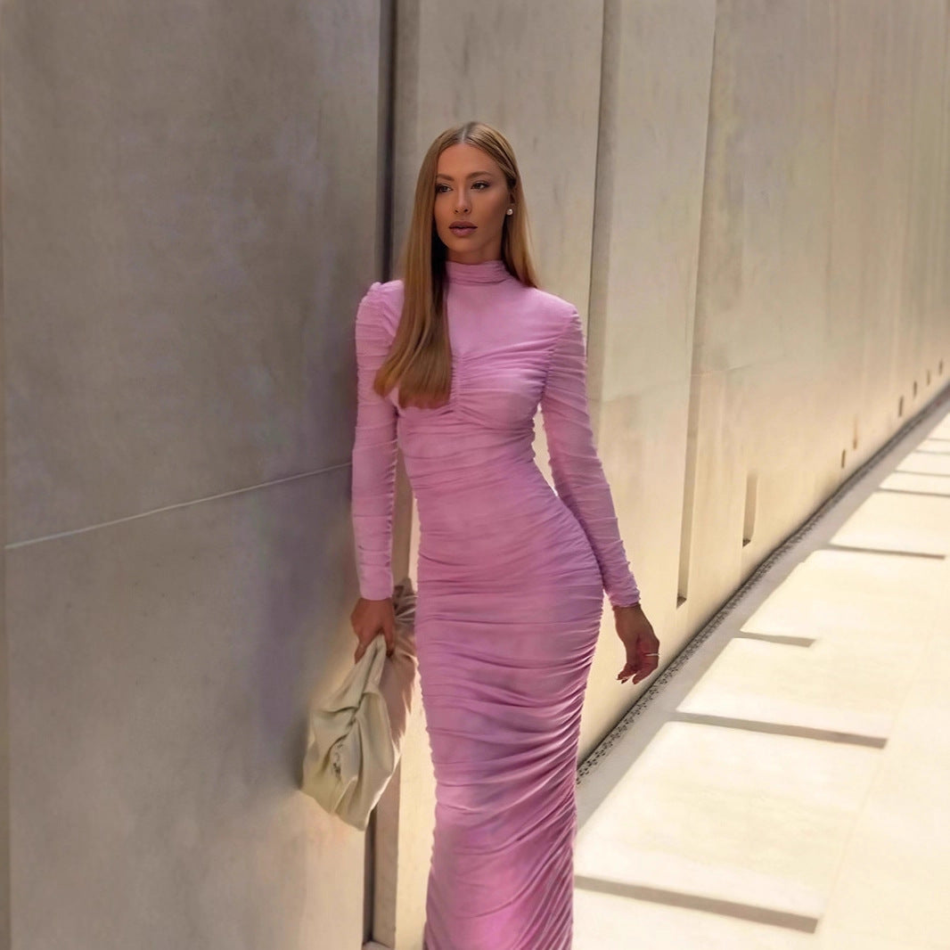 Autumn Elegant Socialite Private Clothing Stand Collar Long Sleeve Waisted Slim Fit Package Hip Pleated Niche Dress
