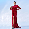 High End Long Sleeve Crew Neck Sexy Long Velvet Cocktail Evening Dress Bridesmaid Dress Women Dress