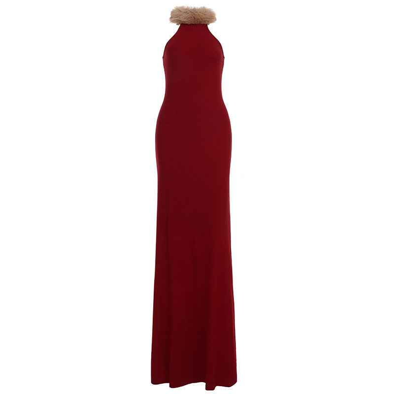 Retro Christmas Red Fur Stitching Contrast Color Vest Maxi Dress Elegant Slim Mop Evening Dress Annual Party Dress