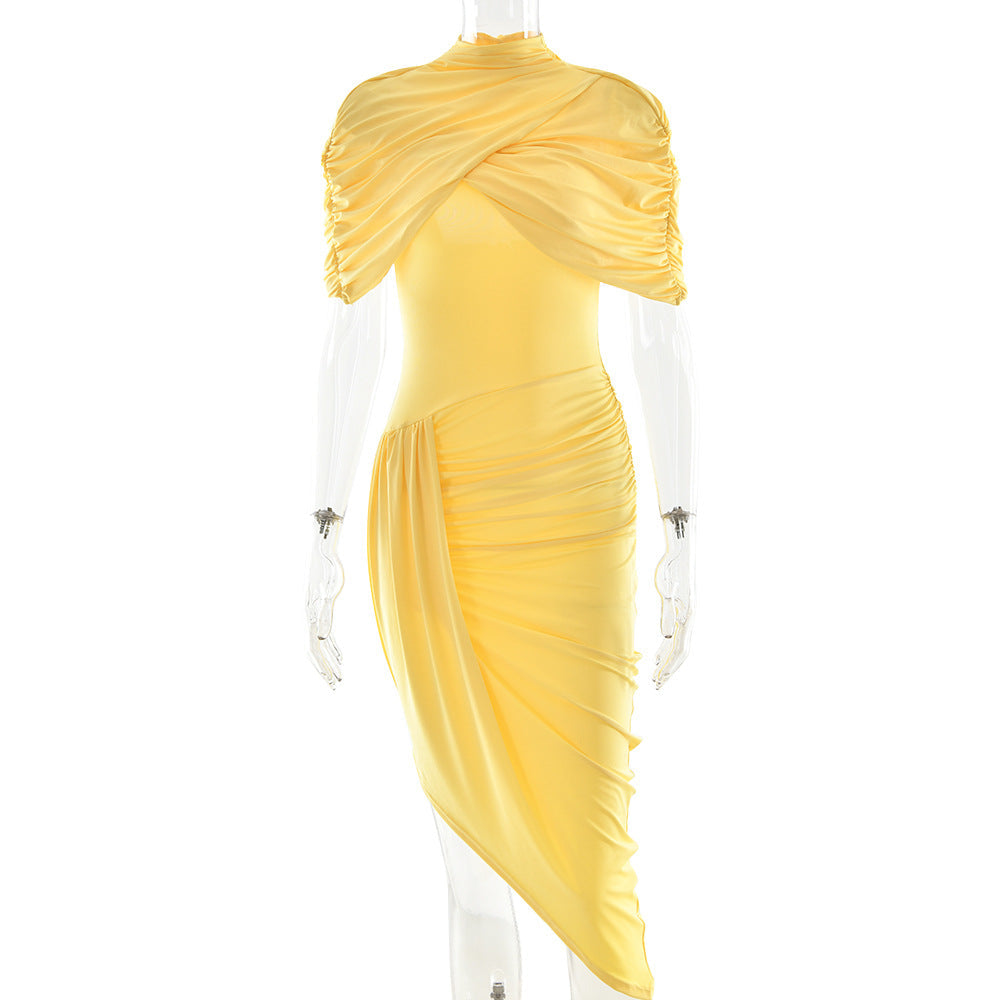 Elegant Slim Pleated Dress Sexy Backless Sheath Women Dress