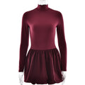 Elegant Slim Fit Women Dress Sexy Turtleneck Long Sleeved Tight Waist Pleated A line Dress