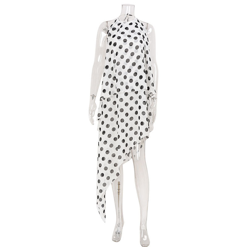 Elegant Women Clothing Sleeveless Halter Polka Dot Printed Mid Length Irregular Asymmetric Dress Cocktail Dress