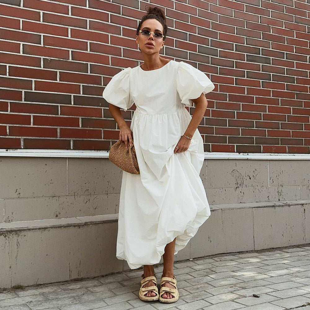 Cotton round Neck Puff Sleeve Dress Spring Summer Solid Color Loose Casual Dress for Women