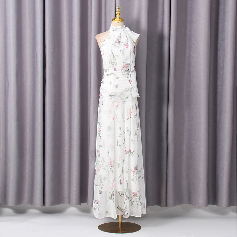 French Elegant Tea Break Dress Summer Stand Collar Printed Painted Ribbon Waist Slimming Dress Women