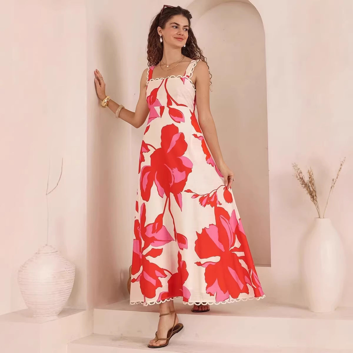 Summer Dress Printed High Waist French Elegant Strap Dress Women