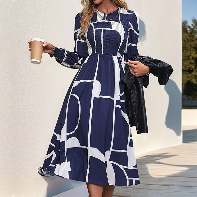 Fall Women Clothing Smocking Long Sleeve Printing Dress