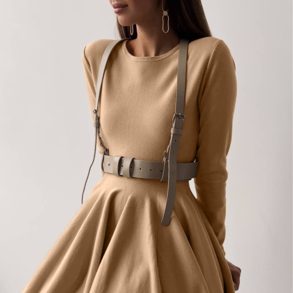 Round Neck Waist Trimming Knitted Dress Women All Match Advanced Pleated Woolen