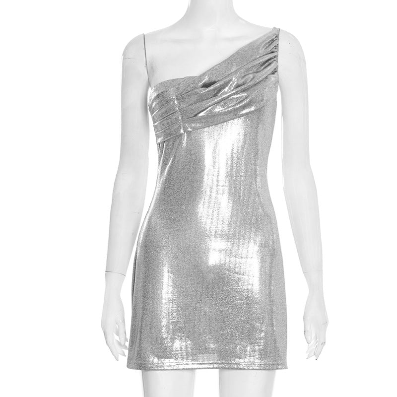 Women Clothing Spring Solid Color Sexy Slim Sleeveless Diagonal Collar Glossy One Shoulder Short Dress