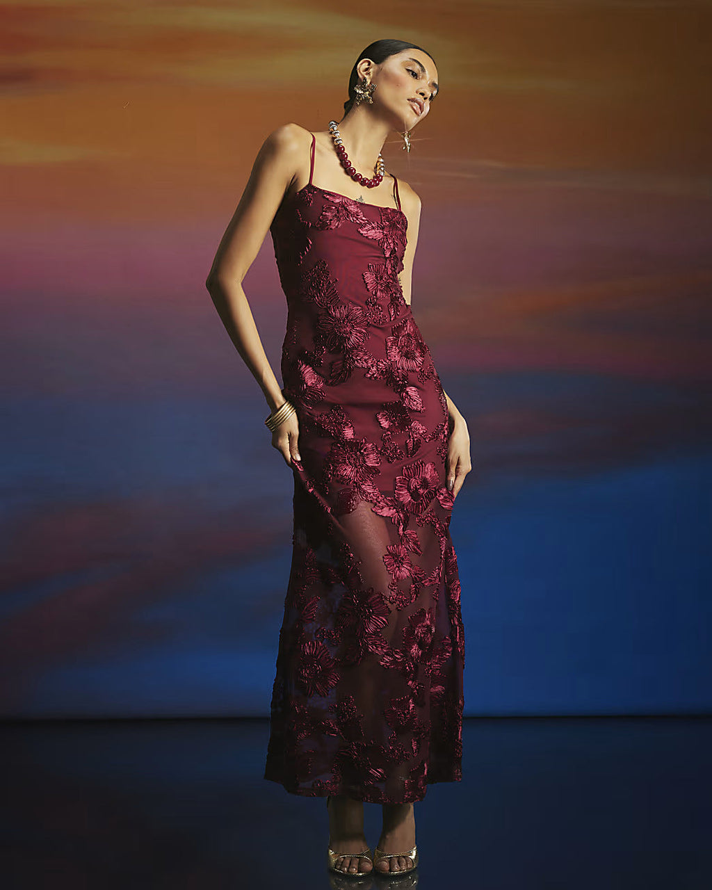 Embroidered Strap Lace up Backless Low Cut Elegant Maxi Dress