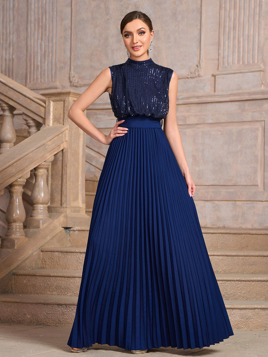 Sequined Backless High Waist Pleated Dress Women Summer Elegant Dress
