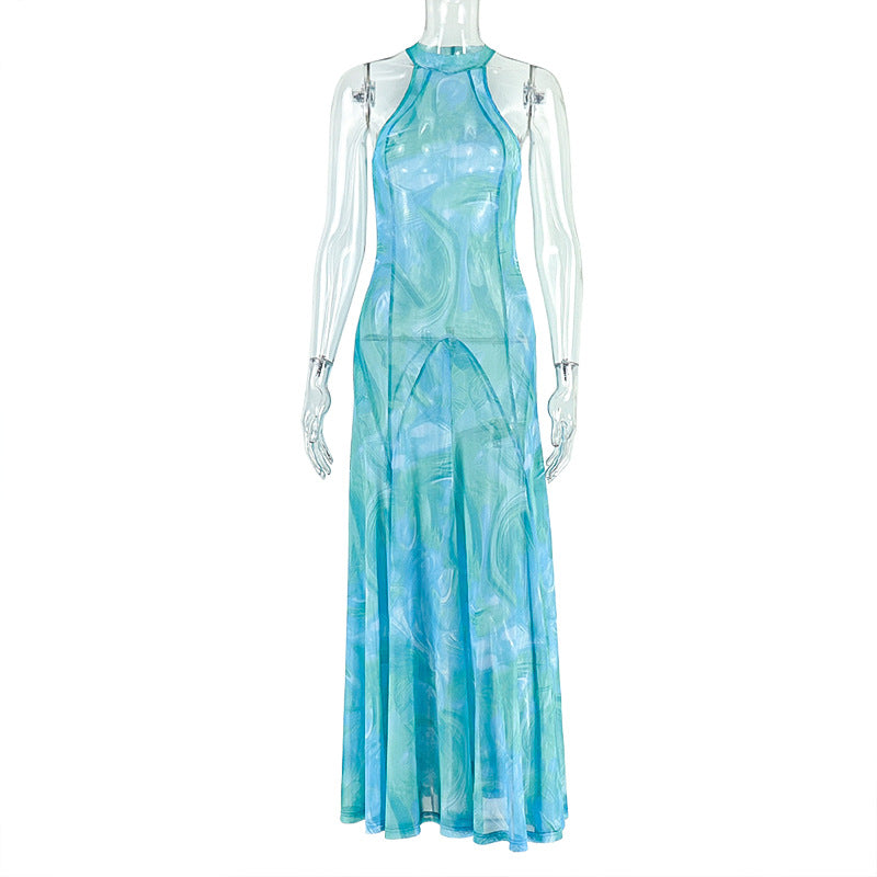 Elegant Women Clothing Office Printed Street A line Dress round Neck Pleated Sleeveless Maxi Dress