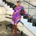 Women Clothing Striped Printed Personality Street Hip Dress Crew Neck Long Sleeve Waist Dress