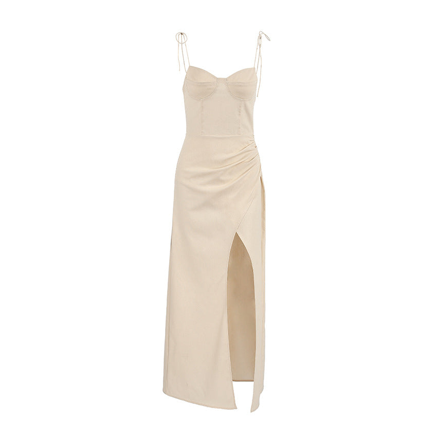 Summer Women Clothing Khaki Cotton Linen Split Suspender Sexy Slim Dress