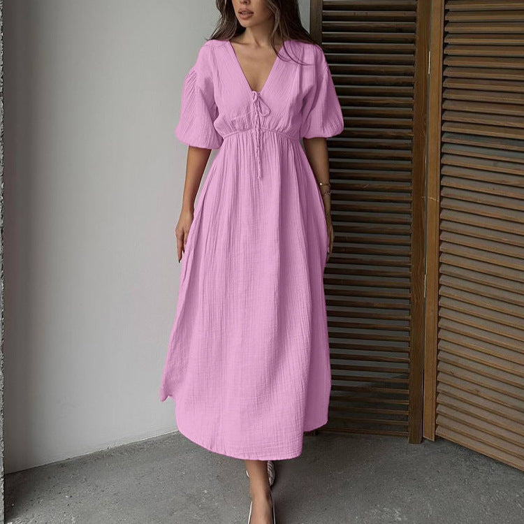 Women Clothing Cotton Double Layer Champray High Waist Dress V neck Puff Sleeve Lace up A line Long Dress