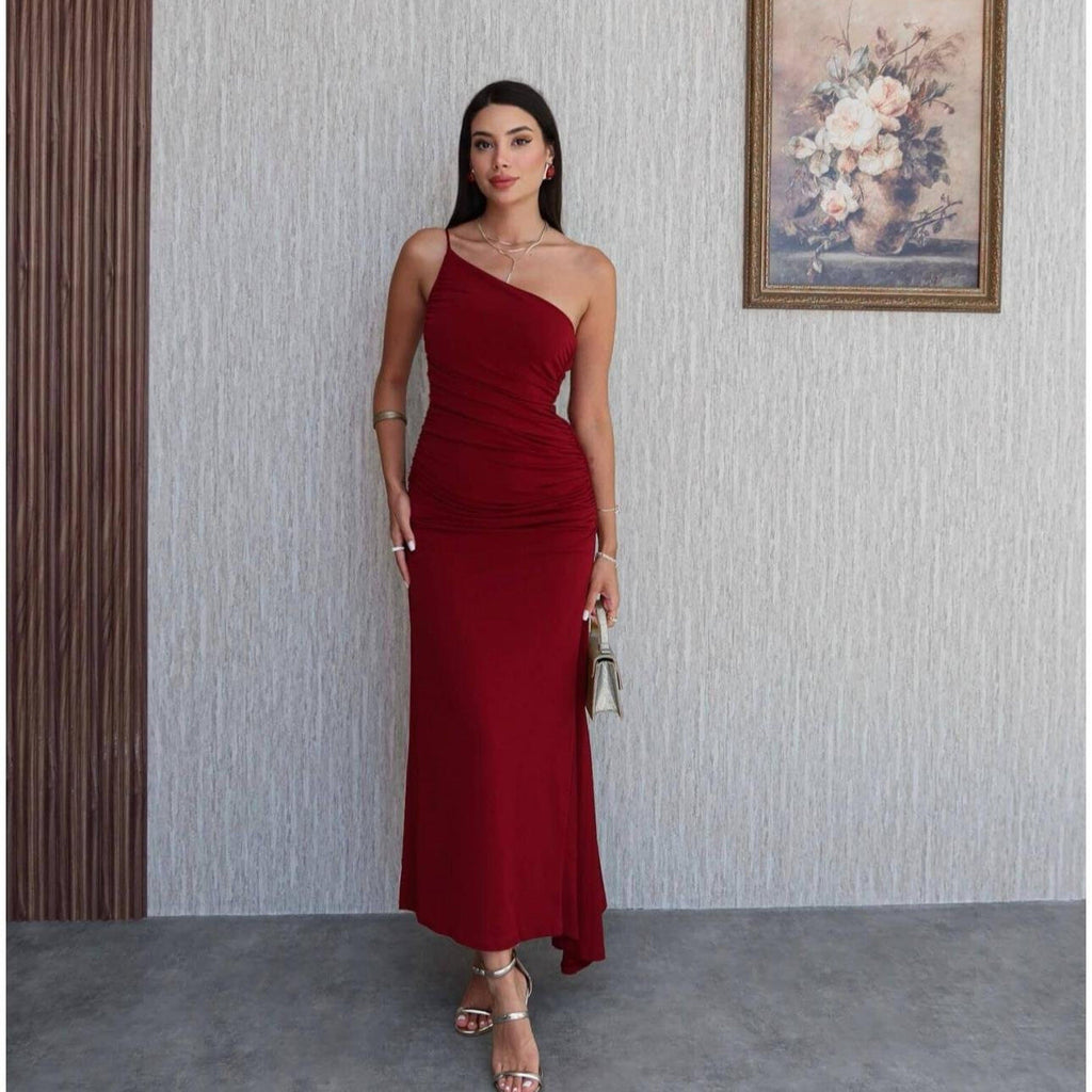 Women Clothing Summer Single Shoulder Sloping Shoulder Pleated Sexy Slim Irregular Asymmetric Dress