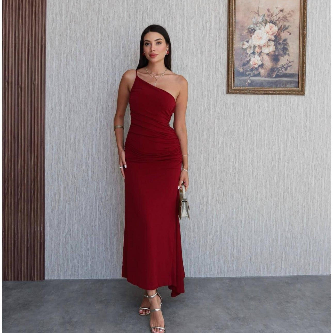 Women Clothing Summer Single Shoulder Sloping Shoulder Pleated Sexy Slim Irregular Asymmetric Dress