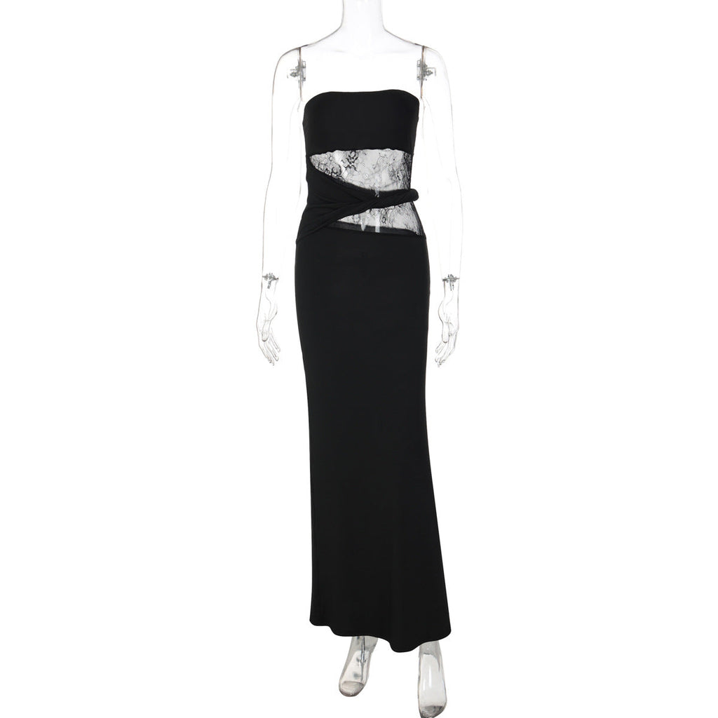 Women Clothing Winter Sleeveless Lace Patchwork Maxi Dress Sexy Slim Tube Top Dress