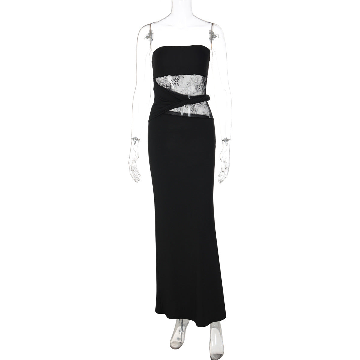 Women Clothing Winter Sleeveless Lace Patchwork Maxi Dress Sexy Slim Tube Top Dress