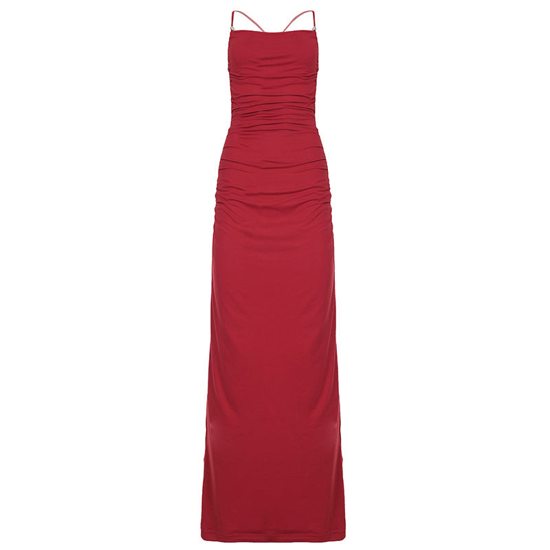 Women Beaded Lace up Backless Sexy Dress Cocktail Festive Red Elegant Dress Maxi Dress