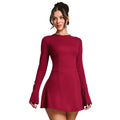 Early Spring Burgundy Backless Long Sleeves Dress Women Slim Fit Slimming Elegant Party A line Dress