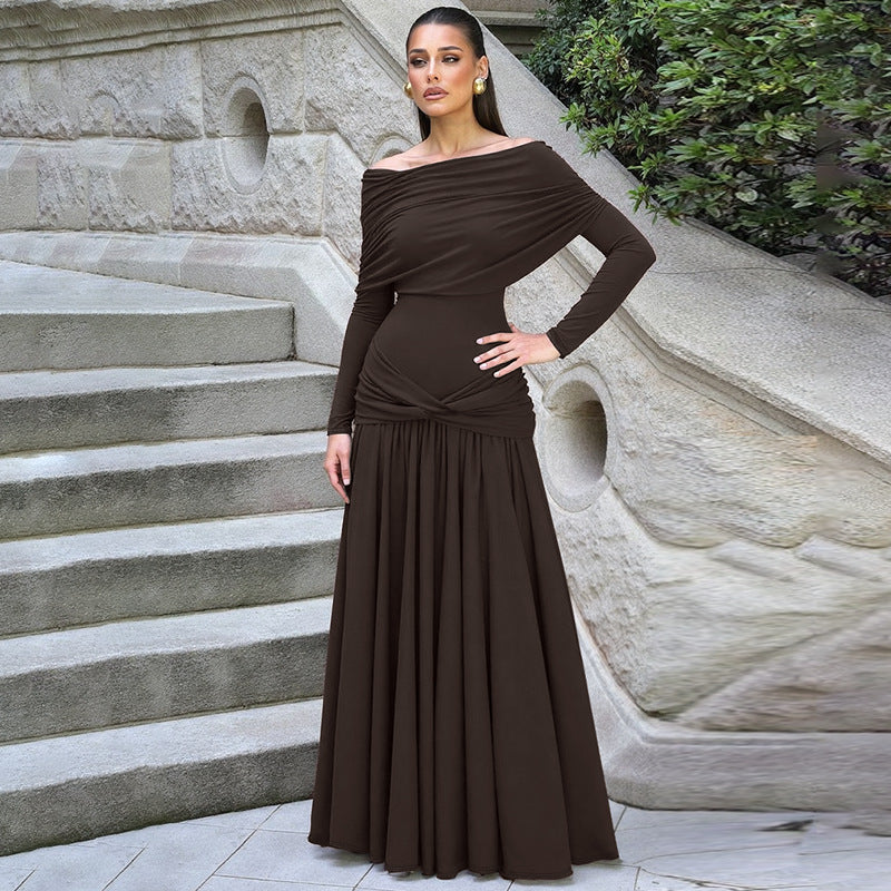 French Women Autumn off Neck Cinched Pleated Long Sleeve Dress