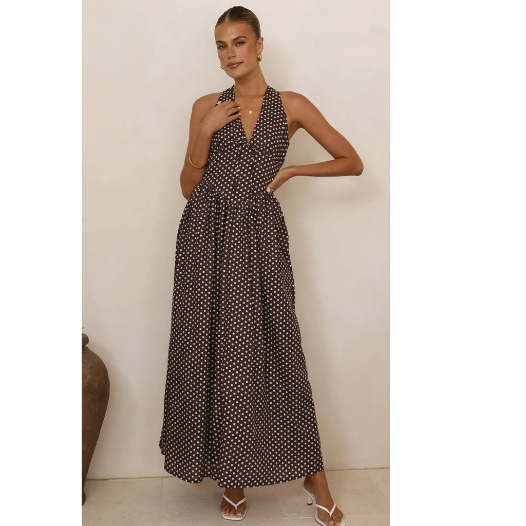 Goods Polka Dot Halter Deep V Plunge Dress Vacation Dress
