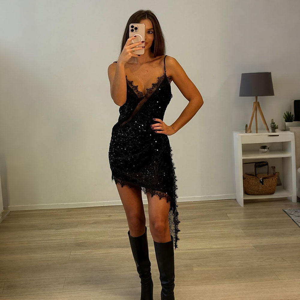 Popular Women Clothing V neck Backless Sexy Slim Fit Sequined Women