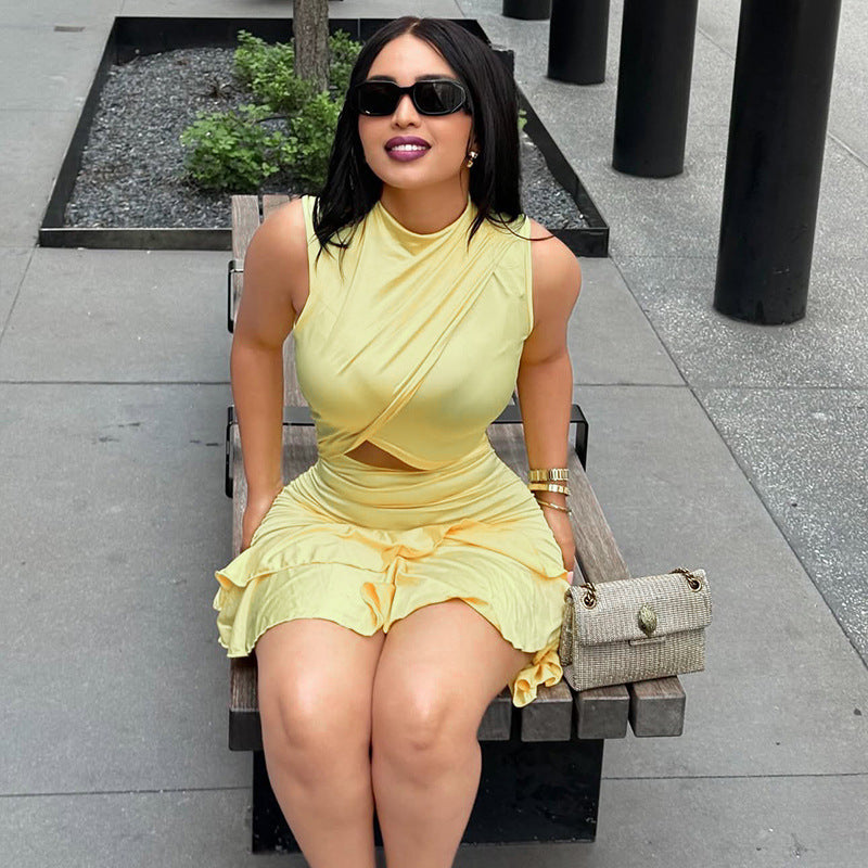 Solid Color Women Pleated Waist Tight A line Dress round Neck Cut out Ruffled Short Dress