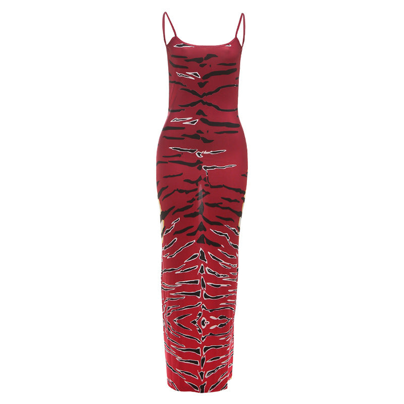 Fall Women Clothing Printed Sexy Backless Spaghetti Straps Sheath Split Dress