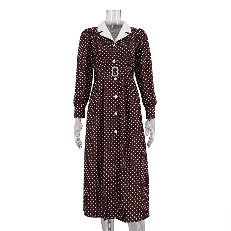 Women Clothing Elegant Polka Dot Dress Collared Long Sleeve Single Breasted High Waist Office Dress