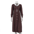 Women Clothing Elegant Polka Dot Dress Collared Long Sleeve Single Breasted High Waist Office Dress