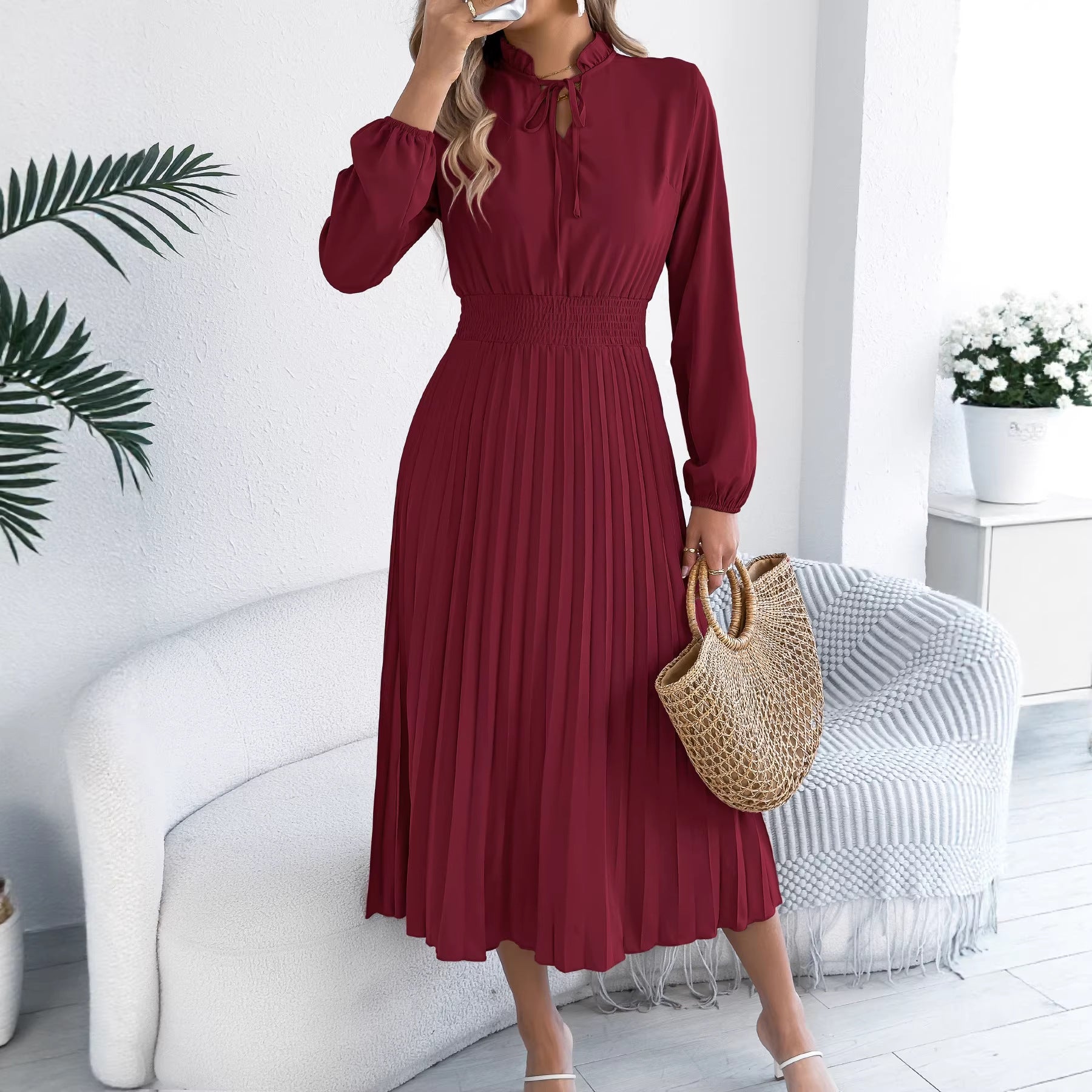 Women Clothing Spring Summer Elegant Lace up Lantern Sleeve Long Pleated Dress