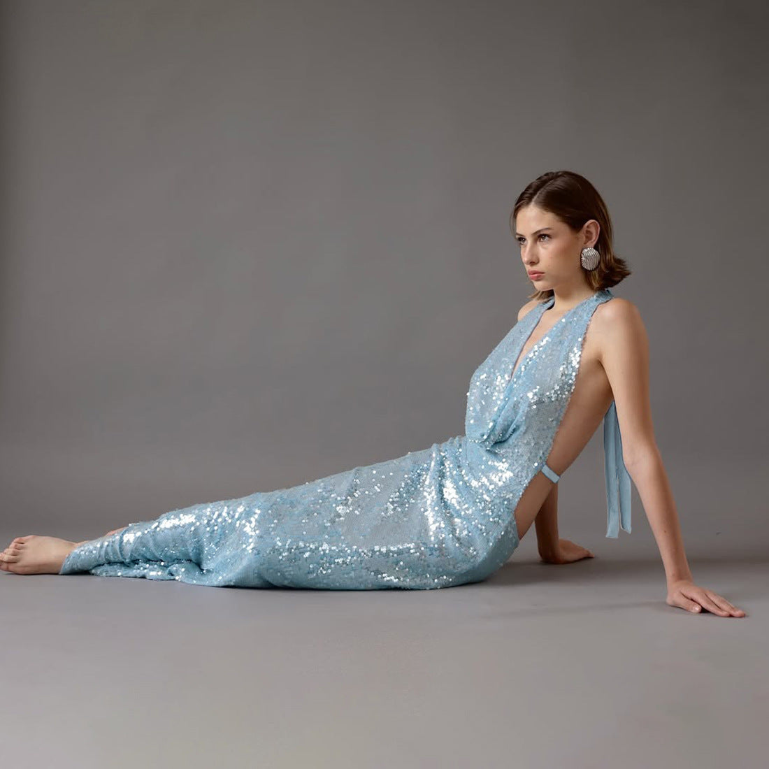 Winter Women Clothing Sequined Swing Collar Sexy Backless Halter Self Tie Slit Dress
