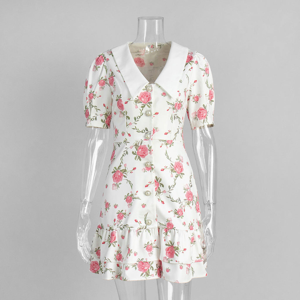 French V neck Puff Sleeve Dress Summer Waist Trimming Printing Short Dress Ruffled Dress